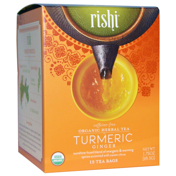 Rishi Tea, Organic Herbal Tea, Turmeric Ginger, Caffeine-Free, 15 Tea Bags, 1.75 oz (49.5 g) - The Supplement Shop