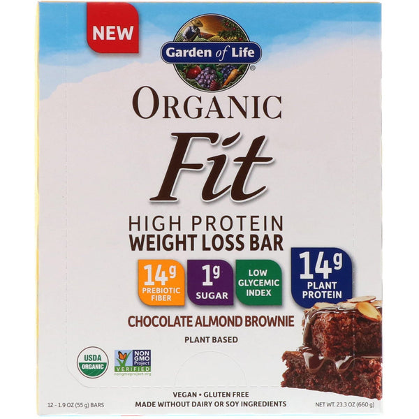 Garden of Life, Organic Fit, High Protein Weight Loss Bar, Chocolate Almond Brownie, 12 Bars, 1.9 oz (55 g) Each - The Supplement Shop