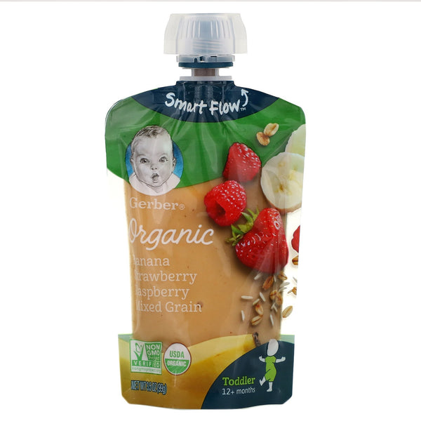 Gerber, Smart Flow, Organic, Banana, Strawberry, Raspberry, Mixed Grain, 12+ Months, 3.5 oz (99 g) - The Supplement Shop