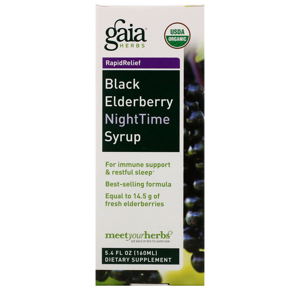 Gaia Herbs, Rapid Relief, Black Elderberry NightTime Syrup, 5.4 fl oz (160 ml) - The Supplement Shop