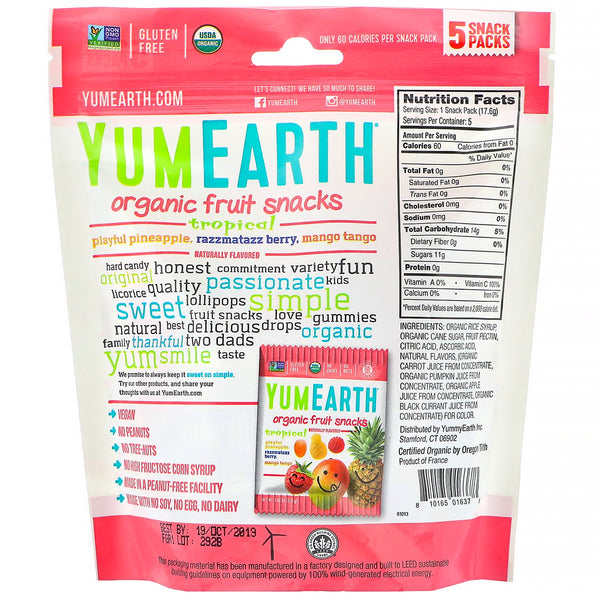 YumEarth, Organic Fruit Snacks, Tropical, 5 Packs, 0.62 oz (17.6 g) Each - The Supplement Shop