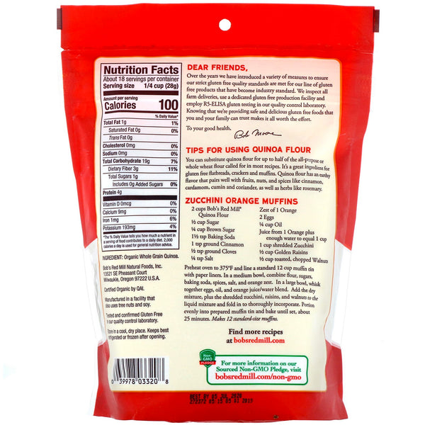 Bob's Red Mill, Organic, Whole Grain Quinoa Flour, 18 oz (510 g) - The Supplement Shop