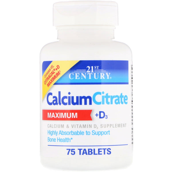 21st Century, Calcium Citrate Maximum + D3, 75 Tablets - The Supplement Shop