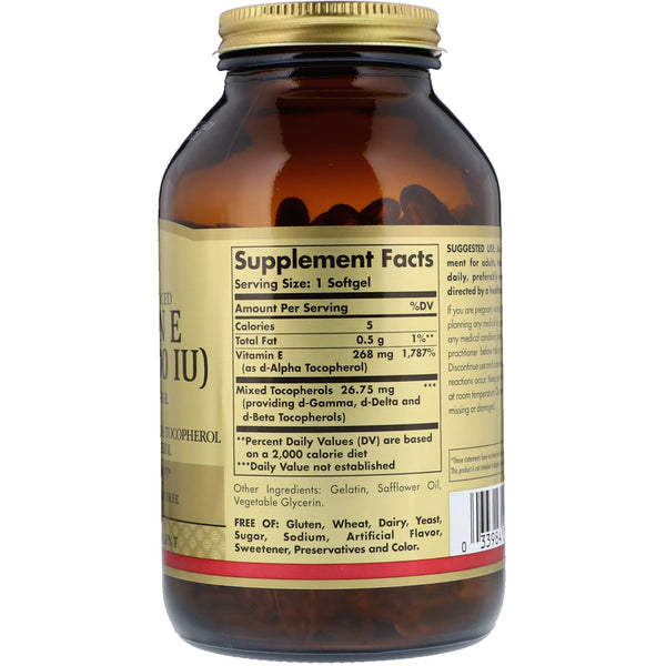 Solgar, Naturally Sourced Vitamin E, 268 mg (400 IU), 250 Softgels - The Supplement Shop