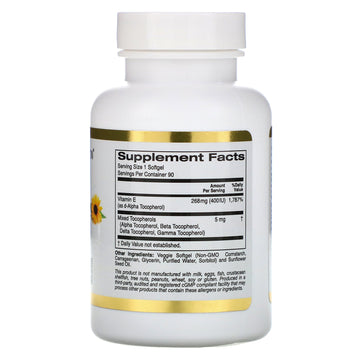 California Gold Nutrition, Sunflower Vitamin E with Mixed Tocopherols, 400 IU, 90 Veggie Softgels