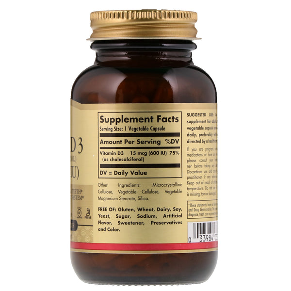 Solgar, Vitamin D3 (Cholecalciferol), 15 mcg (600 IU), 120 Vegetable Capsules - The Supplement Shop