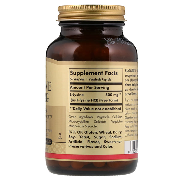 Solgar, L-Lysine, Free Form, 500 mg, 100 Vegetable Capsules - The Supplement Shop