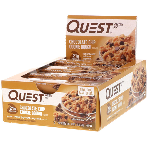Quest Nutrition, Protein Bar, Chocolate Chip Cookie Dough, 12 Bars, 2.12 oz (60 g) Each - The Supplement Shop