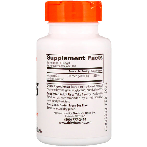 Doctor's Best, Vitamin D3, 50 mcg (2,000 IU), 180 Softgels - The Supplement Shop