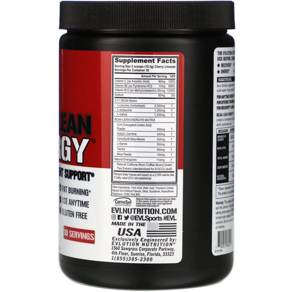 EVLution Nutrition, BCAA LEAN ENERGY, Cherry Limeade, 10.90 oz (309 g) - The Supplement Shop