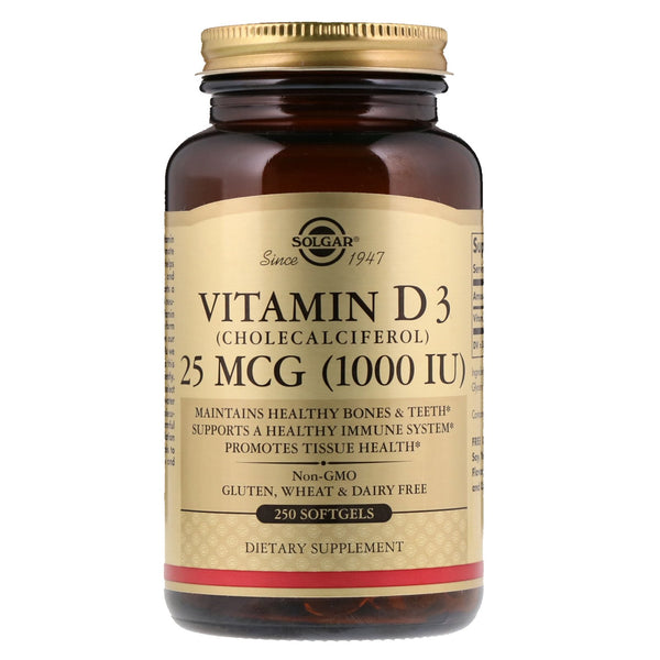 Solgar, Vitamin D3 (Cholecalciferol), 25 mcg (1,000 IU), 250 Softgels - The Supplement Shop