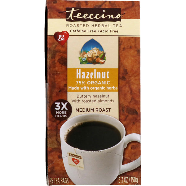 Teeccino, Roasted Herbal Tea, Medium Roast, Hazelnut, Caffeine Free, 25 Tea Bags, 5.3 oz (150 g) - The Supplement Shop