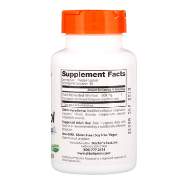 Doctor's Best, High Potency Trans-Resveratrol, 600 mg, 60 Veggie Caps