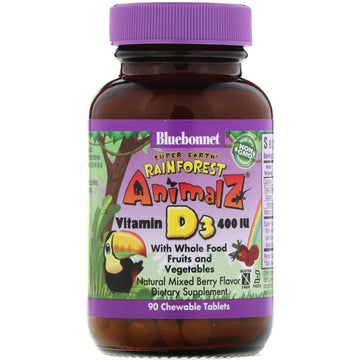 Bluebonnet Nutrition, Super Earth, Rainforest Animalz, Vitamin D3, Natural Mixed Berry Flavor, 400 IU, 90 Chewable Tablets