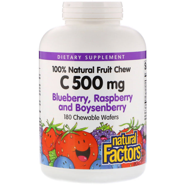 Natural Factors, 100% Natural Fruit Chew Vitamin C, Blueberry, Raspberry and Boysenberry, 500 mg, 180 Chewable Wafers - The Supplement Shop