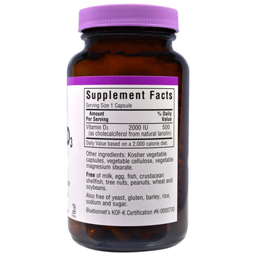 Bluebonnet Nutrition, Vitamin D3, 2,000 IU, 180 Vegetable Capsules