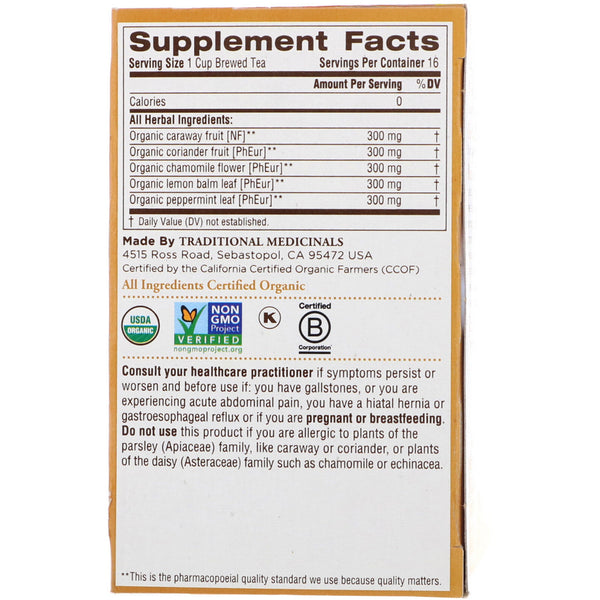 Traditional Medicinals, Digestive Teas, Organic Gas Relief Tea, Naturally Caffeine Free, 16 Wrapped Tea Bags, .85 oz (24 g) - The Supplement Shop