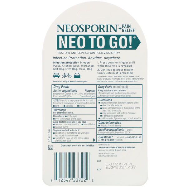 Neosporin, + Pain Relief, Neo To Go!, First Aid Antiseptic/Pain Relieving Spray, 0.26 fl oz (7.7 ml) - The Supplement Shop