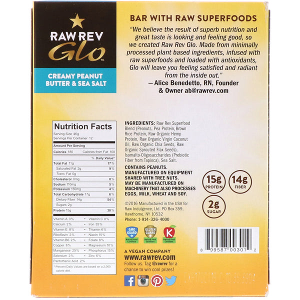 Raw Rev, Glo, Creamy Peanut Butter & Sea Salt, 12 Bars, 1.6 oz (46 g) Each - The Supplement Shop