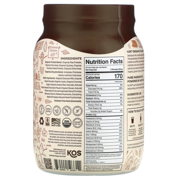 KOS, Organic Plant Protein, Chocolate, 2.6 lb (1,170 g) - The Supplement Shop
