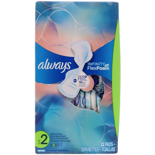 Always, Infinity Flex Foam with Flexi-Wings, Size 2, Heavy Flow, Unscented, 32 Pads - The Supplement Shop