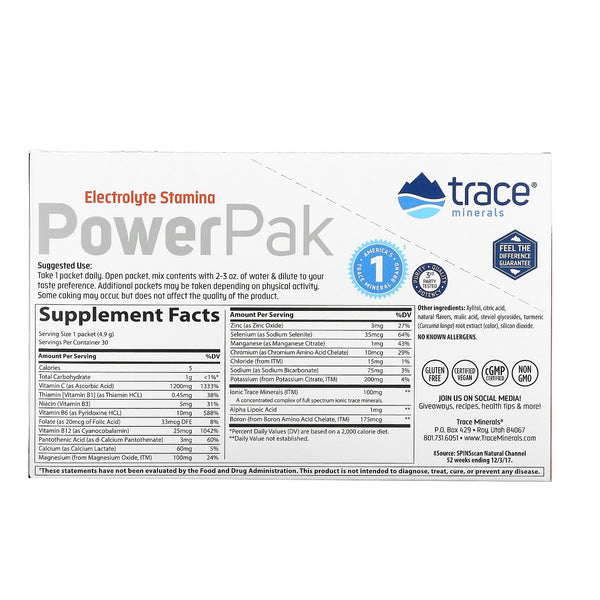 Trace Minerals Research, Electrolyte Stamina PowerPak, Sugar Free, Citrus, 30 Packets, 0.17 oz (4.9 g) Each - The Supplement Shop