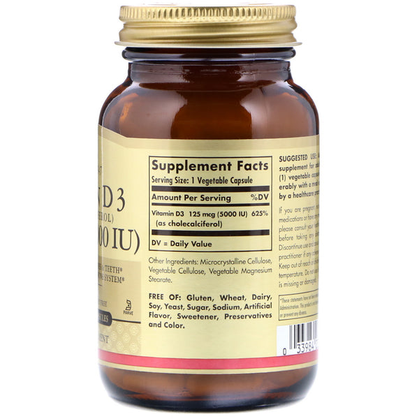 Solgar, Vitamin D3 (Cholecalciferol), 125 mcg (5000 IU), 120 Vegetable Capsules - The Supplement Shop