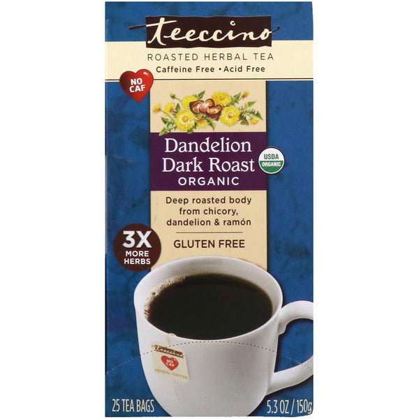 Teeccino, Organic Roasted Herbal Tea, Dandelion Dark Roast, Caffeine Free, 25 Tea Bags, 5.3 oz (150 g) - The Supplement Shop