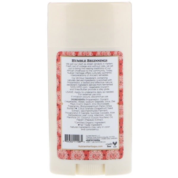 Nubian Heritage, 24 Hour Deodorant, Coconut & Papaya with Vanilla Oil, 2.25 oz (64 g) - The Supplement Shop
