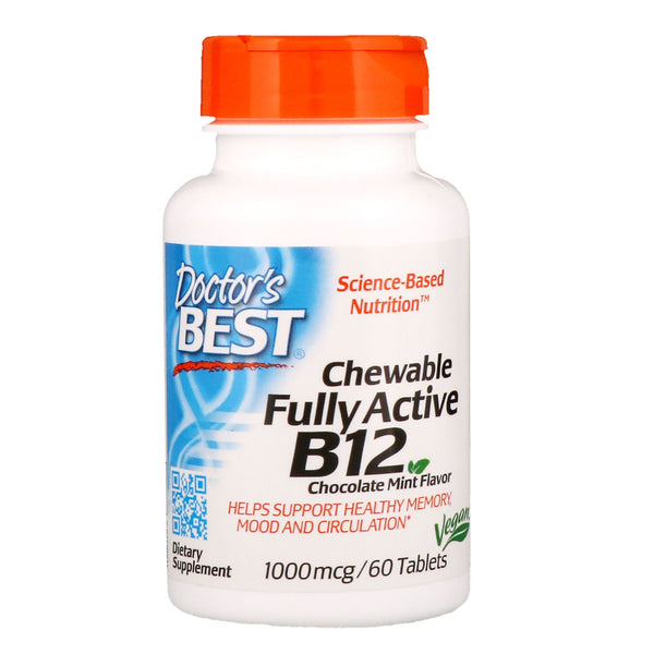 Doctor's Best, Chewable Fully Active B12, Chocolate Mint, 1,000 mcg, 60 Tablets - The Supplement Shop