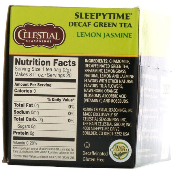 Celestial Seasonings, Sleepytime Green Lemon Jasmine, Decaf, 20 Tea Bags, 1.1 oz (31 g) - The Supplement Shop
