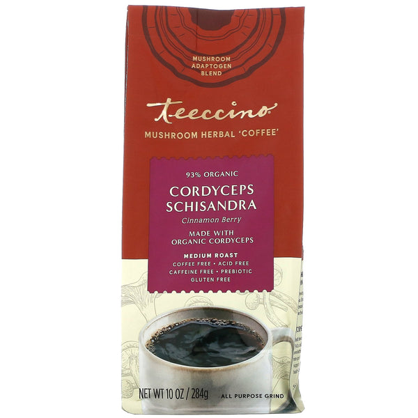 Teeccino, Mushroom Herbal Coffee, Cordyceps Schisandra, Cinnamon Berry, Medium Roast, Caffeine Free, 10 oz (284 g) - The Supplement Shop