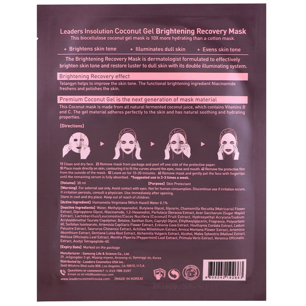 Leaders, Coconut Gel Brightening Recovery Mask, 1 Sheet, 30 ml - The Supplement Shop