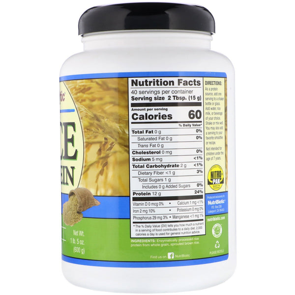 NutriBiotic, Raw Rice Protein, Plain , 1 lb. 5 oz (600 g) - The Supplement Shop