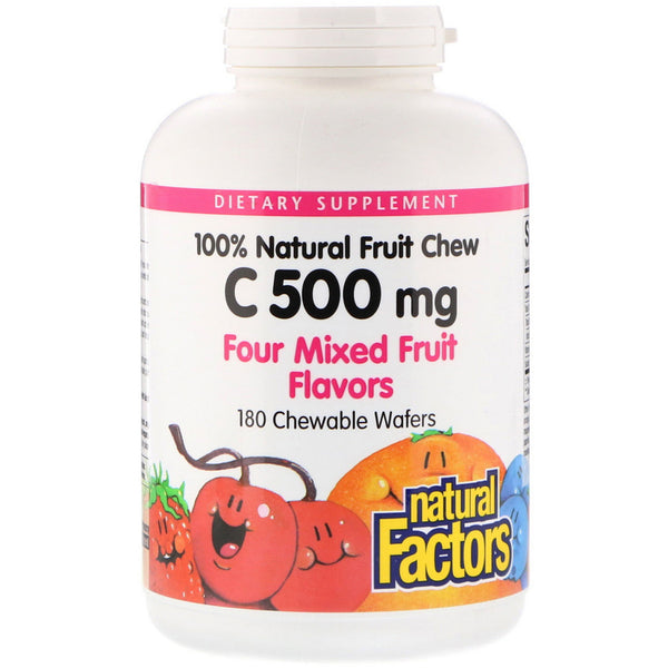 Natural Factors, 100% Natural Fruit Chew Vitamin C, Four Mixed Fruit Flavors, 500 mg, 180 Chewable Wafers - The Supplement Shop