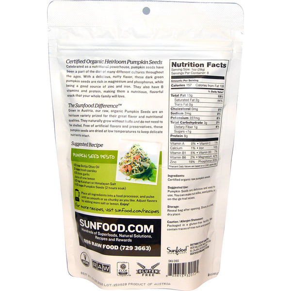 Sunfood, Raw Organic Heirloom Pumpkin Seeds, 8 oz (227 g) - The Supplement Shop