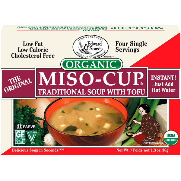 Edward & Sons, Organic Miso-Cup, Traditional Soup with Tofu, 4 Single Serving Envelops, 9 g Each - The Supplement Shop