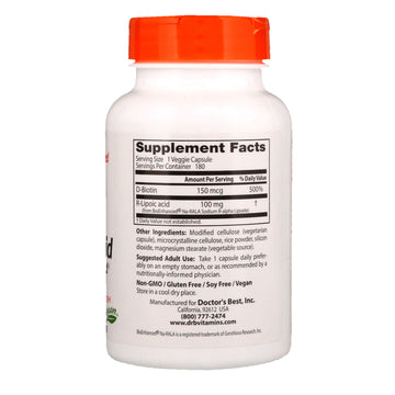 Doctor's Best, Stabilized R-Lipoic Acid , 100 mg, 180 Veggie Caps