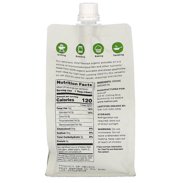 Nutiva, Organic Avocado Oil, 100% Pure, 12 fl oz (355 ml) - The Supplement Shop