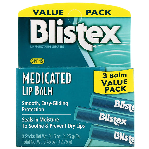 Blistex, Medicated Lip Balm, Lip Protectant/Sunscreen, SPF 15, 3 Balm Value Pack, .15 oz (4.25 g) Each - The Supplement Shop