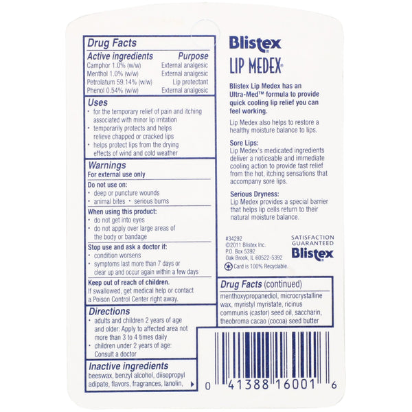 Blistex, Lip Medex, External Analgesic Lip Protectant, .38 oz (10.75 g) - The Supplement Shop