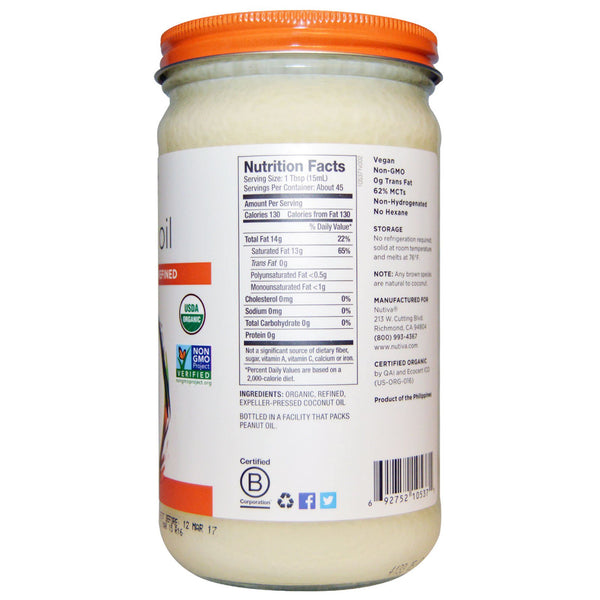 Nutiva, Organic Coconut Oil, Refined, 23 fl oz (680 ml) - The Supplement Shop