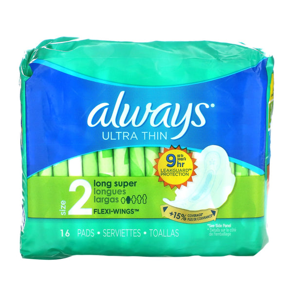 Always, Ultra Thin with Wings, Size 2, Long Super, 16 Pads - The Supplement Shop