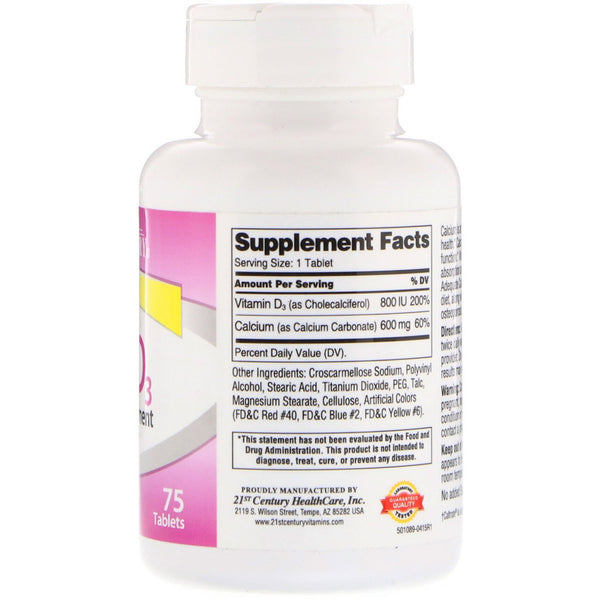 21st Century, 600+D3, Calcium Supplement, 75 Tablets - The Supplement Shop
