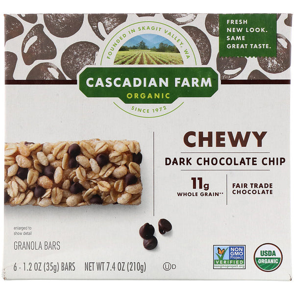 Cascadian Farm, Organic Chewy Granola Bars, Dark Chocolate Chip, 6 Bars, 1.2 oz (35 g) Each - The Supplement Shop