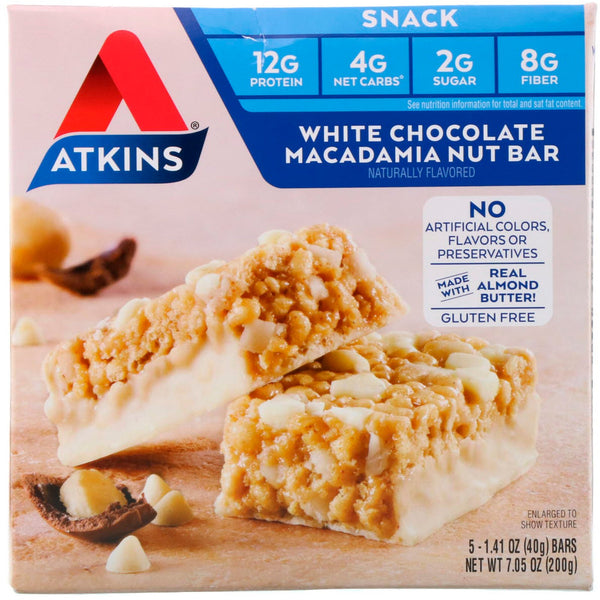 Atkins, Snacks, White Chocolate Macadamia Nut Bar, 5 Bars, 1.41 oz (40 g) Each - The Supplement Shop