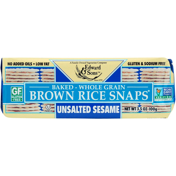 Edward & Sons, Baked Whole Grain Brown Rice Snaps, Unsalted Sesame, 3.5 oz (100 g) - The Supplement Shop
