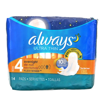 Always, Ultra Thin with Wings, Size 4, Overnight, 14 Pads