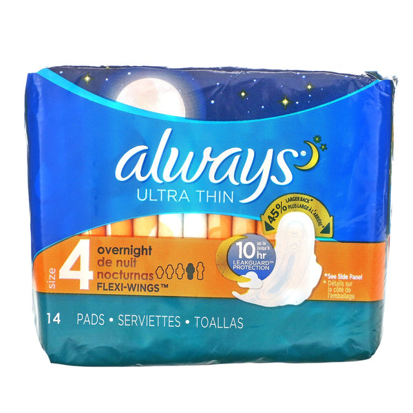 Always, Ultra Thin with Wings, Size 4, Overnight, 14 Pads - The Supplement Shop