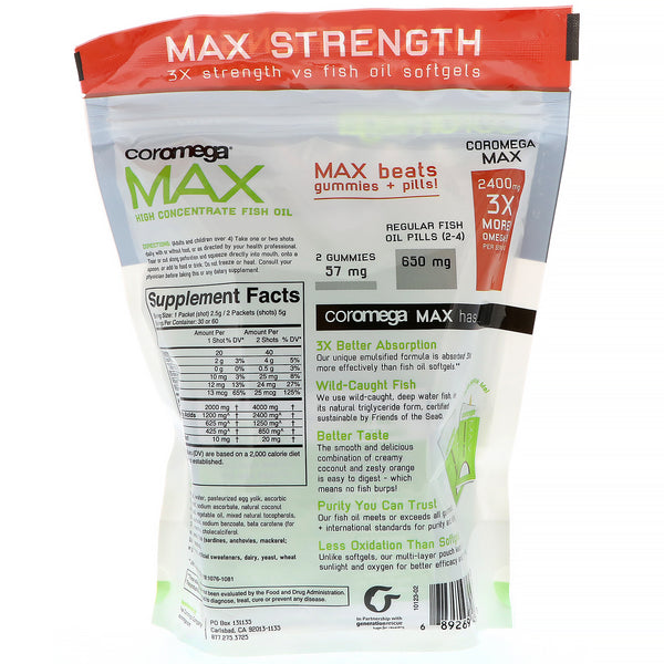 Coromega, Max, High Concentrate Omega-3 Fish Oil, Coconut Bliss, 60 Squeeze Shots, 2.5 g Each - The Supplement Shop